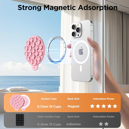 Magnetic Suction Cup Phone Mount for MagSafe Case, Silicone Hands-Free Grip Holder for iPhone and Android, Mirror Shower Phone Stand for Makeup FaceTime Gym Kitchen Bathroom, Pink