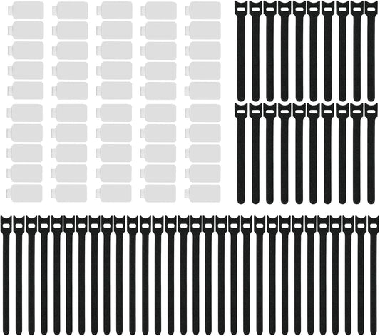 100 Pack Reusable Hook & Loop Cable Ties & Labels Kit - 50 Durable Cord/Wire Tags + 50 Self-Gripping Straps for Electronics Organizing, Home Office Cord Management (White & Black)