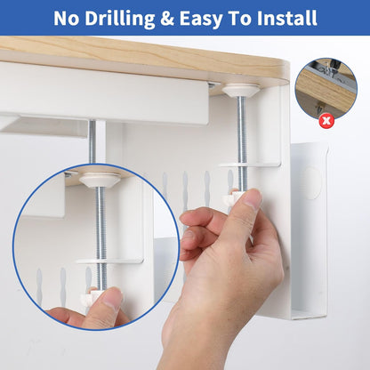 LUKETURE Laptop Holder, Steel Desk Side Storage, No Drill Standing Desk Accessories, Clamp on Laptop Mount with Pen Holder, Fits Flat Edge Tables 0.3" to 2.8" (White, M(1 Tier))