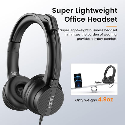 USB Headset with Microphone for PC Laptop, Wired Computer Headset Environmental Noise Canceling Headphones with Mic Mute & Volume Control, On Ear Lightweight Comfort for Work, Office/Call Center/Skype