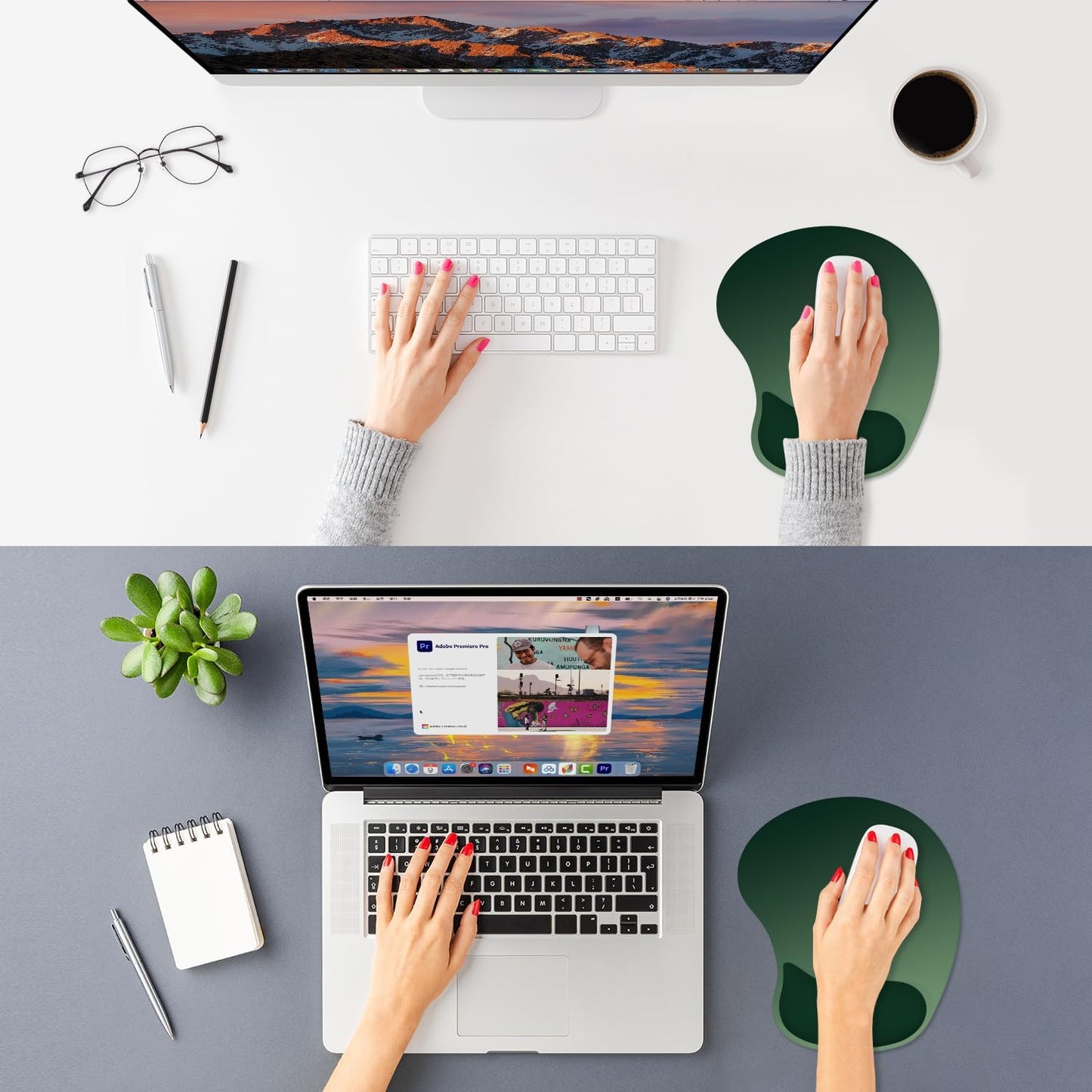 ITNRSIIET Ergonomic Mouse Pad, Cushioned Gel Wrist Rest, Non-Slip Base, Smooth Surface, Cute Multi-Color, 9.5 x 8.2 in, Deep Green Gradient