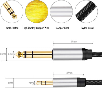 3.5 mm to 6.35 mm Audio Cable 10Ft, Gold-Plated Terminal Silver Color Zinc Alloy Housing 3.5mm 1/8" Male TRS to 6.35mm 1/4" Male TRS Nylon Braided Stereo Audio Cable for CellPhone, Amplifiers(10Ft/3M)