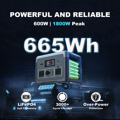 Portable Power Station 600W 665.6Wh LiFePO4 Battery Backup Solar Generator with 2x 600W AC Outlets(Surge 1800W),LED Lights,Music Player&UPS Function for Home,RV,Campinp