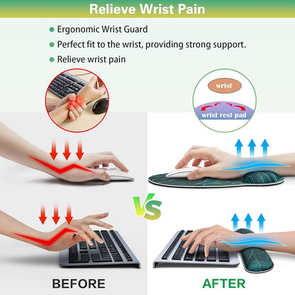 Mouse Pad with Wrist Rest Set, 3-in-1 Wrist Support Mousepad Set, Gaming Mat Pad with Anti-Skid Base,Ergonomic Mouse Pad Green,Memory Foam Gel Wrist Rest for Computer Keyboard