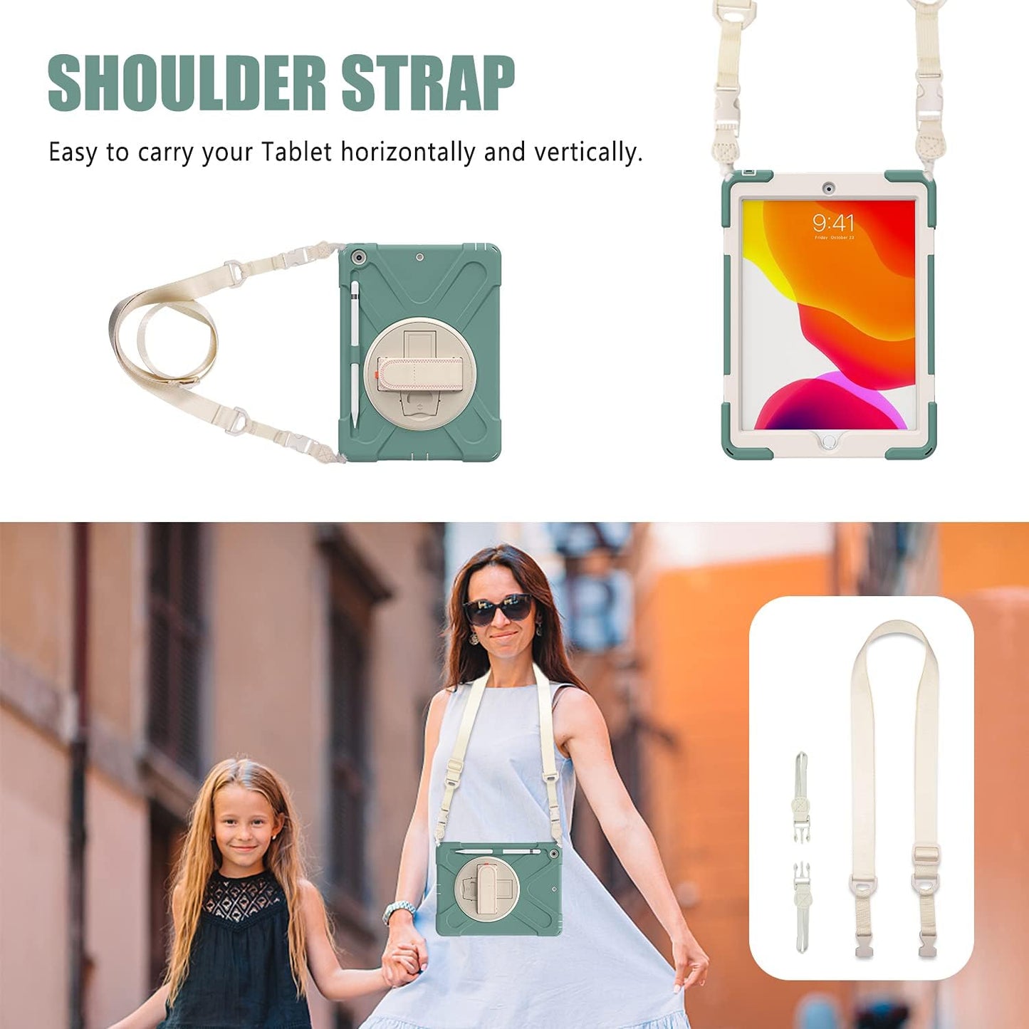 ZenRich Shockproof Case for iPad 9th/8th/7th Generation 10.2 inch 2021/2020/2019, Heavy Duty Rugged Case with Pencil Holder/360° Rotating Kickstand/Handle/Carrying Strap, EmeraldGreen