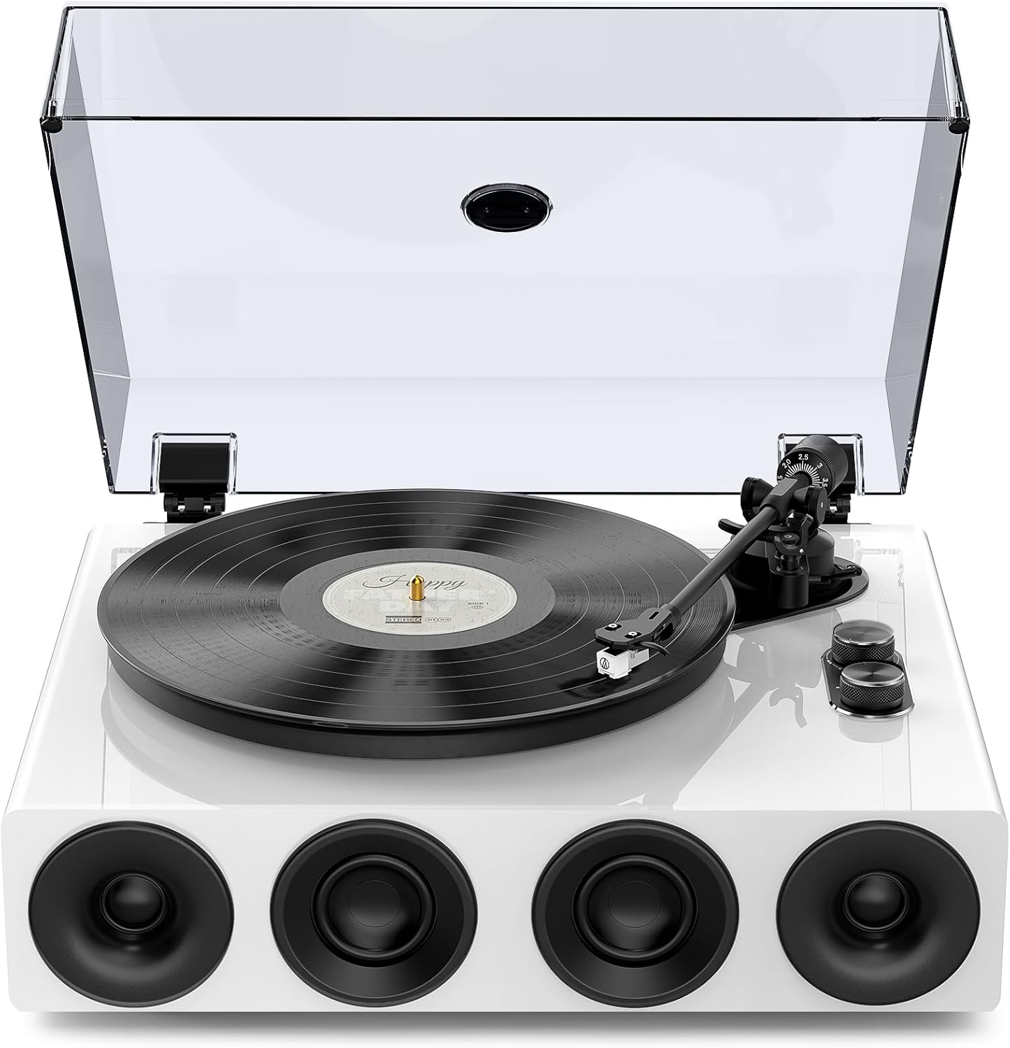 1 by ONE All-in-One Record Player with Wireless Input, High Fidelity Belt Drive Turntable with Built-in Speakers, Magnetic Cartridge AT-3600L, Built-in Preamp, Piano Lacquer White