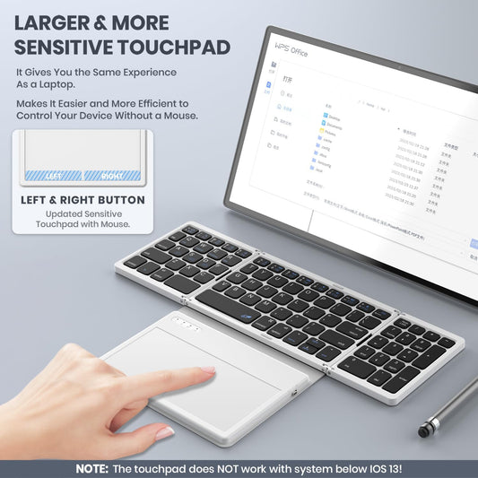 Foldable Bluetooth Keyboard, Portable Full Size Folding Keyboard with Large Touchpad, Numeric Keypad, PU Leather, Wireless Travel Keyboard for Windows iOS Android Mac(Black-White)