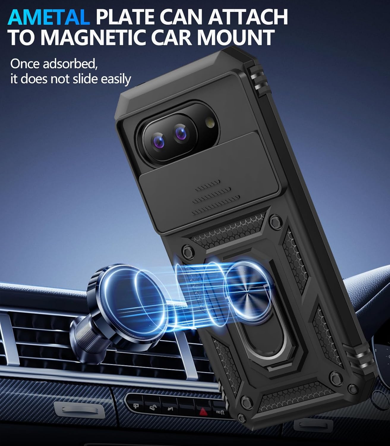 Taisairu for Google Pixel 9A Case with Screen Protector & Slide Camera Lens Cover, Built-in 360°Rotate Magnetic Ring Stand Shockproof Protective Phone Case for Google Pixel 9A Case (Black)