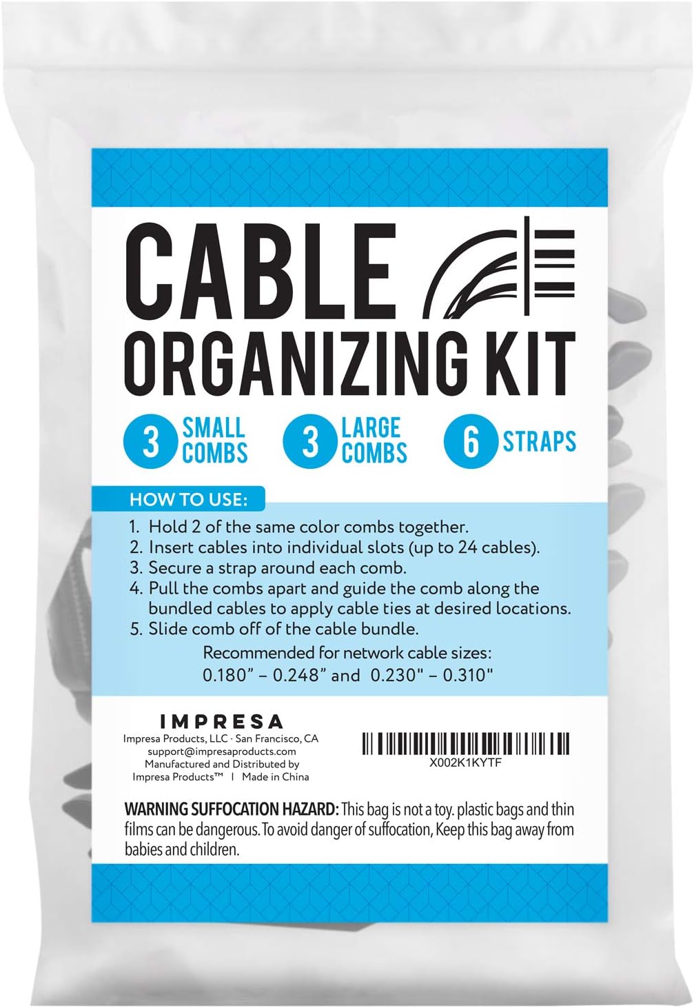IMPRESA Cable Comb Organizer Kit - Includes 6 Straps & 6 Inserts - Cable Management Tool for Cat6a & Ethernet Wires - Neat Wire Organizer for Home or Network Setup