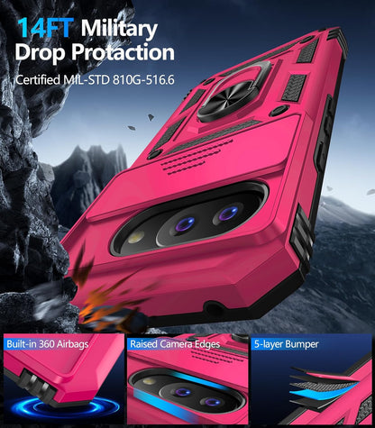 Taisairu for Google Pixel 9A Case with Screen Protector & Slide Camera Lens Cover,Built-in 360°Rotate Magnetic Ring Stand Shockproof Protective Phone Case for Google Pixel 9A Case(Hot Pink)