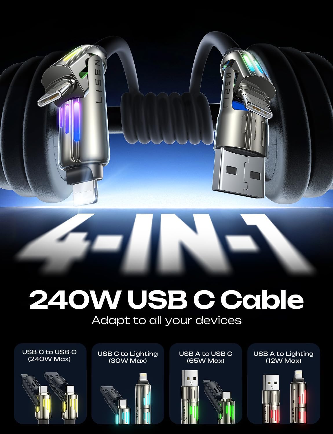 LISEN USB C Cable 3FT for Samsung Charger Type C, Chubby 4 in 1 Charging Cable with Light, Multi Charging Cable for iPhone 16 15 14 Pro Max/MacBook/iPad Pro/SamSungS25, All Devices, Black