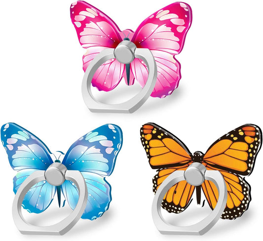 Bonoma Cute Butterflies Phone Ring Holder, 3 Pack Universal Finger Ring Stand Grip Kickstand Ring, 360° Rotation Universal Stylish Stand Compatible with All Smartphones