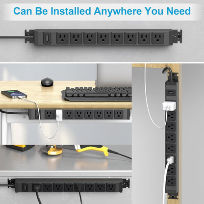 HHSOET Metal 360° Rotating Mountable Power Strip, 8 Outlet Gaming Table Mounted Outlet Strip, Heavy Duty Wall Mount Surge Protector with Switch, 15A 125V 1875W, 10ft Power Cord.(Black)