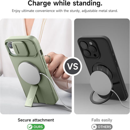 SURITCH for iPhone 15 Case with Magnetic Camera Slide Cover and Adjustable Kickstand, Compatible with MagSafe, Shockproof Bumper Case Slim Protective Cover 6.1 Inch, Green