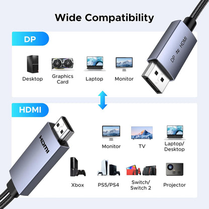 UGREEN 4K@60Hz Bidirectional HDMI to Displayport Cable Male to Male Adapter DP 1.2, HDCP 2.2, HDMI 1.4 4K@30Hz with USB Powered Compatible with Laptops, PC, Switch 2/PS5/Xbox/AMD/NVIDIA/Monitor, 6.6FT