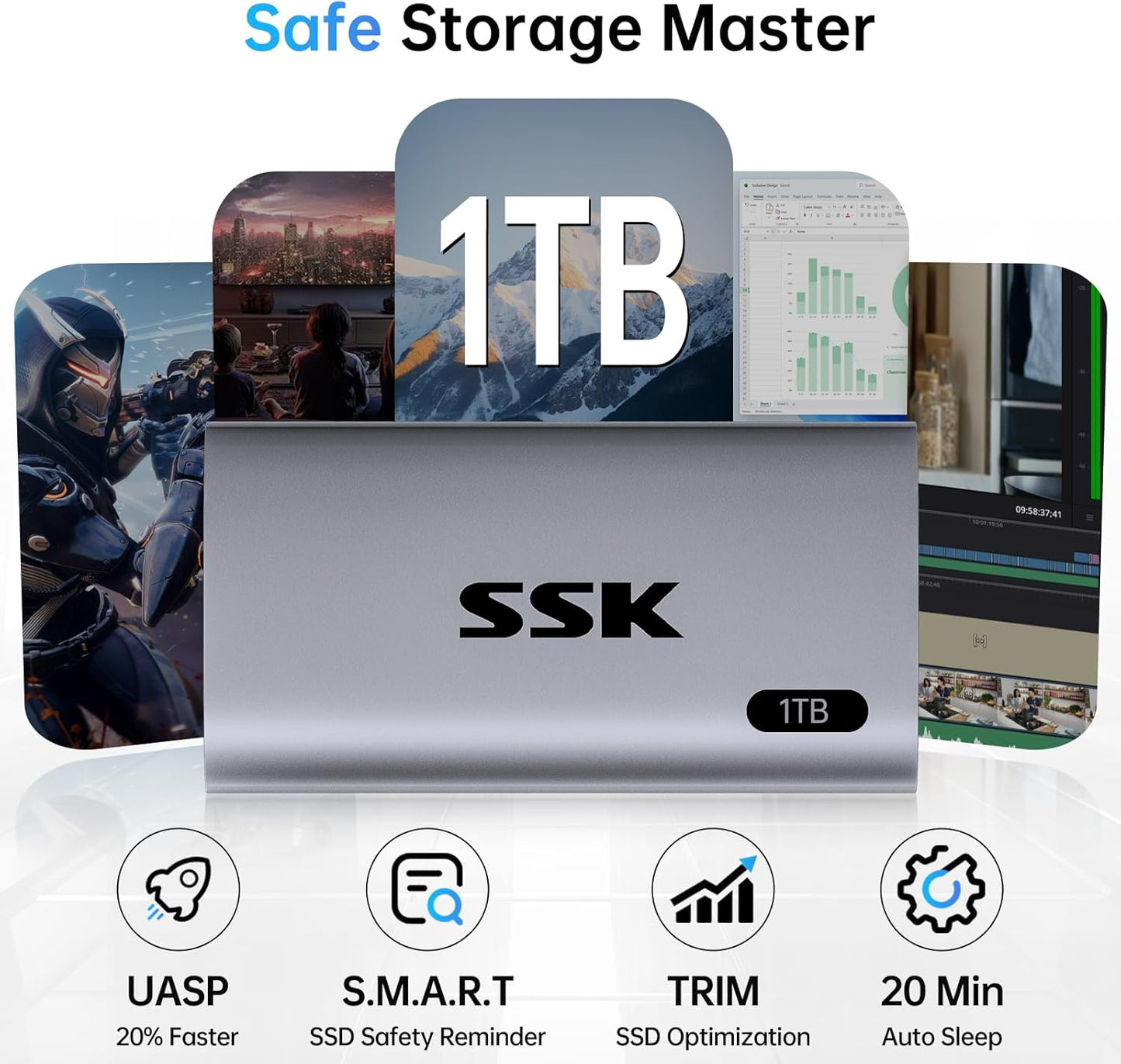 SSK 1TB SSD External Hard Drive, Portable SSD Up to 550MB/s Fast Solid State Drives, External Drive USB 3.2 Gen2 for iPhone 15/Pro, Windows, Mac, Android with LED Light, Trim, Smart Supported