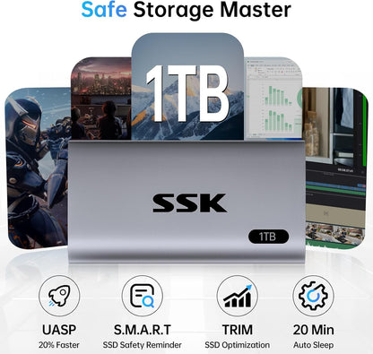 SSK 1TB SSD External Hard Drive, Portable SSD Up to 550MB/s Fast Solid State Drives, External Drive USB 3.2 Gen2 for iPhone 15/Pro, Windows, Mac, Android with LED Light, Trim, Smart Supported