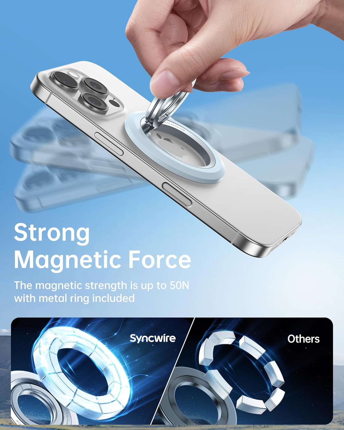SYNCWIRE Magnetic Phone Ring Holder for MagSafe, 360° Rotation Dual Sided Magnet Grip Cell Phone Ring Stand Finger Kickstand Compatible with iPhone 16 15 14 13 12 Pro Max fits MagSafe - Blue
