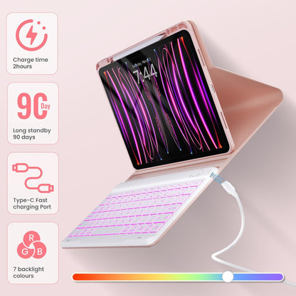OYEEICE Keyboard Case for iPad Pro 12.9 inch 6th Gen 2022, 5th 2021, 4th 2020, Rotating Detachable Clear Cover with 7 Colorful Backlit Keyboard Wireless, Pencil Holder, Auto Wake/Sleep - Pink
