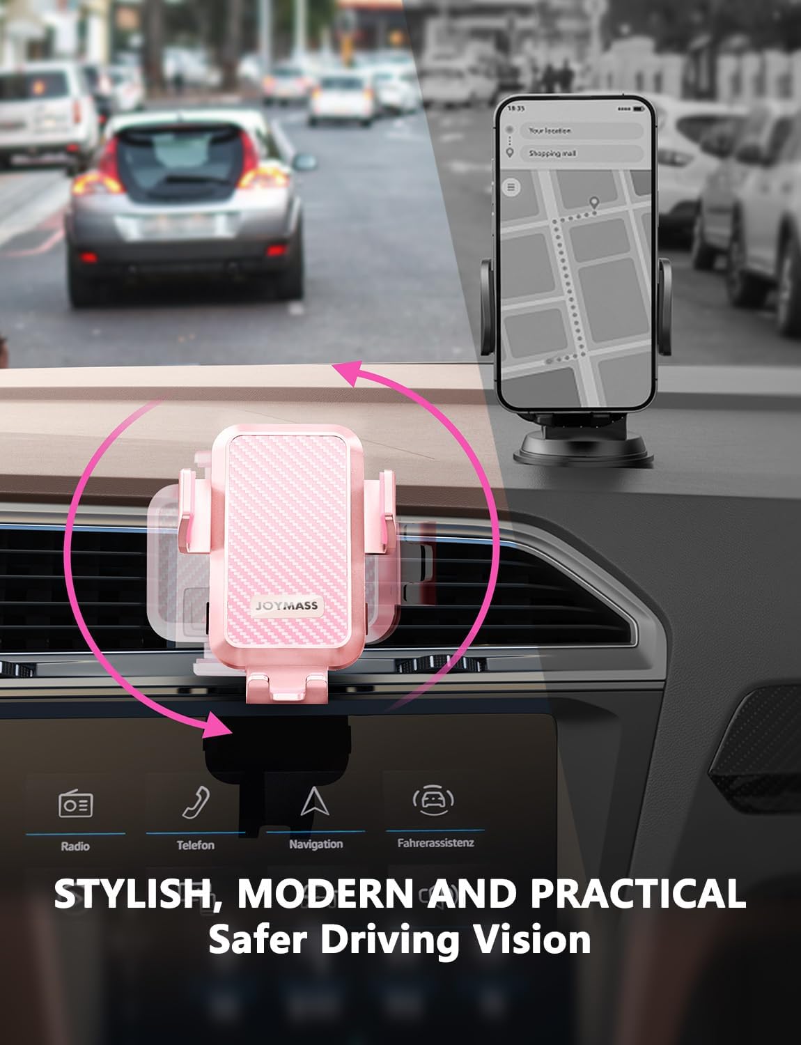 Wireless Car Charger, JOYMASS 15W Fast Charging Auto Clamping Car Charger Cell Phone Holder Mount Vent for iPhone 15 14 13 12 Mini Pro Max, Samsung Galaxy S24 Ultra S23 S22 S21+ Note 20, etc - Pink