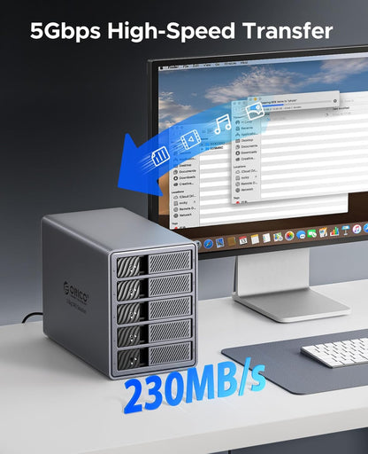 ORICO RAID 5 Bay HDD Enclosures USB 3.0 Push-Pull Mounting for 3.5-inch HDD, Max 110TB, External Direct Attached Storage 8 RAID Modes Supported 9858RU3