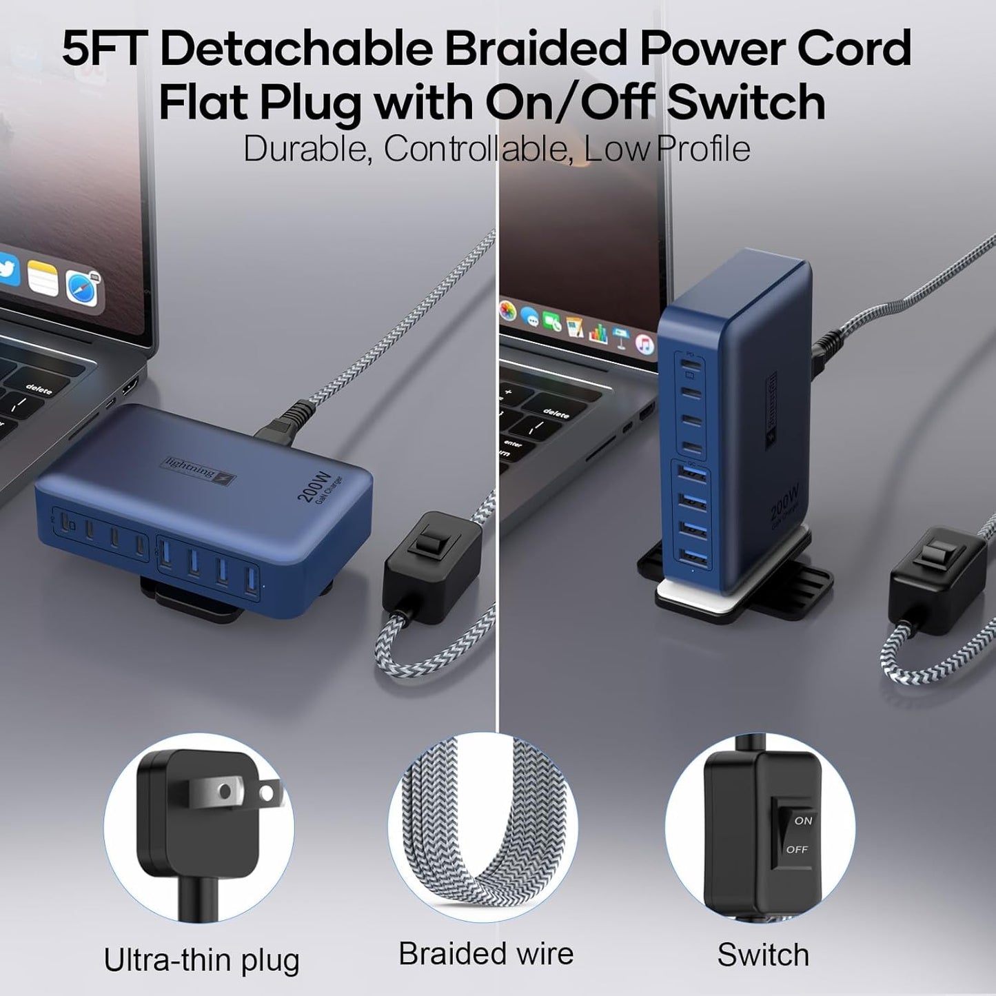 8-Port iPhone Charger Fast Charging 200W with Flat Plug, Braided Power Cord, and On/Off Switch- USB Charging Hub for iPhone, iPad, MacBook and More- 65W C Port Power Adapter for Laptops