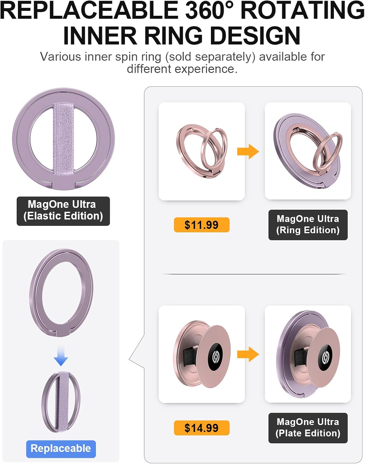 EWA MagOne Ultra Phone Grip Stand with Replaceable Elastic Finger Loop, Removable Magnetic Ring Holder Kickstand Loop, Accessories for iPhone 16, 15, 14, 13 Pro/Max/Plus (Purple)