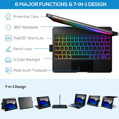 typecase Touch iPad 10th Generation Case with Keyboard (10.9", 2022) and iPad A16 (11th Gen, 2025) – 360° Rotatable, 11-Color Backlit, Multi-Touch Trackpad, Thin & Light (Black)