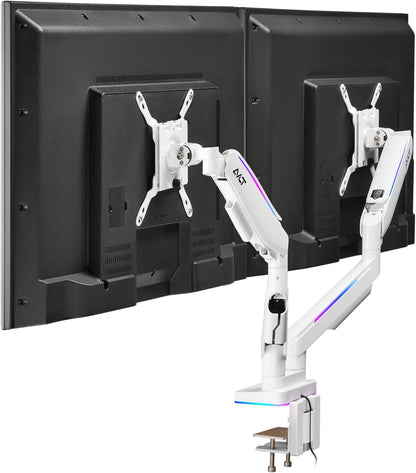 AVLT RGB Lights Dual 17”-43” Gaming Monitor Arm Desk Mount, Fits Two Flat/Curved/Ultrawide Screen up to 44lbs(20kg), Height Swivel Tilt Adjustable Stand – White
