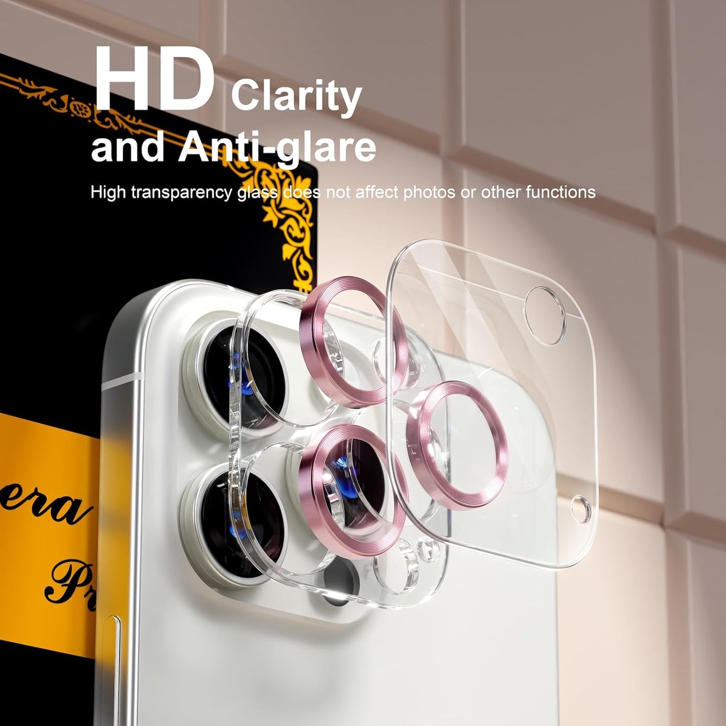 beuxece for 6 Pack iPhone 15 Pro/iPhone 15 Pro Max Camera Lens Protector [Drop Protection] [Case Friendly] [Easy Installation] 9H Tempered Glass Camera Screen Protector Cover, CD Pink