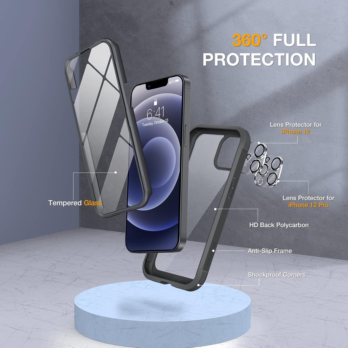 Miracase Glass Series for iPhone 12/12 Pro Case 6.1 inch, Upgraded Full-Body Rugged Phone Bumper Case Cover with Built-in 9H Tempered Glass Screen Protector and Camera Protector, Black