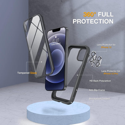 Miracase Glass Series for iPhone 12/12 Pro Case 6.1 inch, Upgraded Full-Body Rugged Phone Bumper Case Cover with Built-in 9H Tempered Glass Screen Protector and Camera Protector, Black