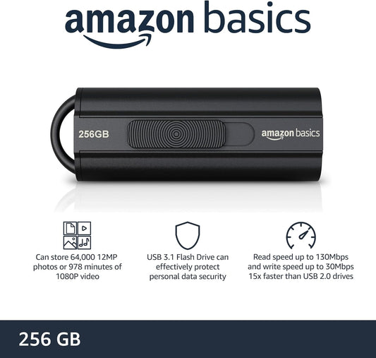 Amazon Basics 256 GB Ultra Fast USB 3.1 High Capacity Flash Drive for Data Transfer and Storage, Black