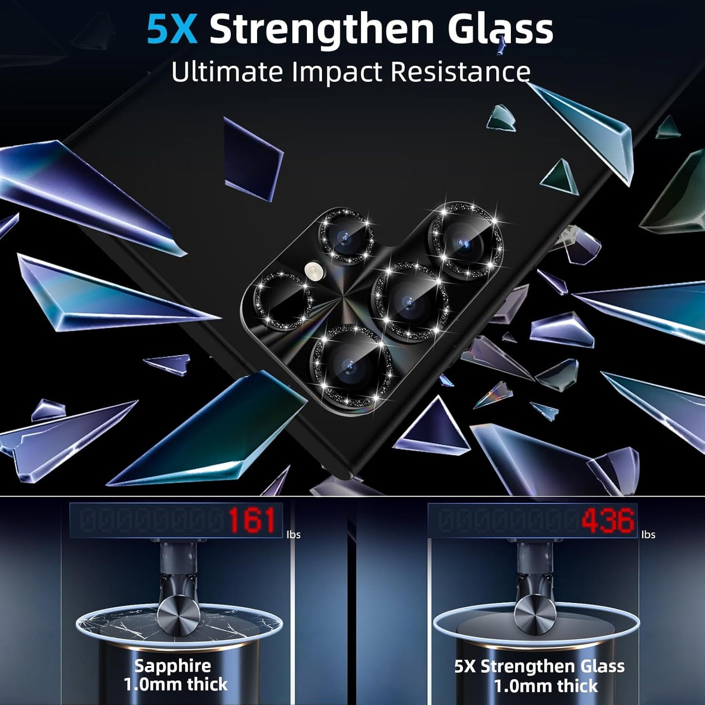 YWXTW Camera Lens Protector for Samsung Galaxy S24 Ultra, [Lithography Laser Gradient] [5X Strengthen] Bling Glitter Tempered Glass Screen Protector Metal Ring Camera Lens Cover (Titanium Black)