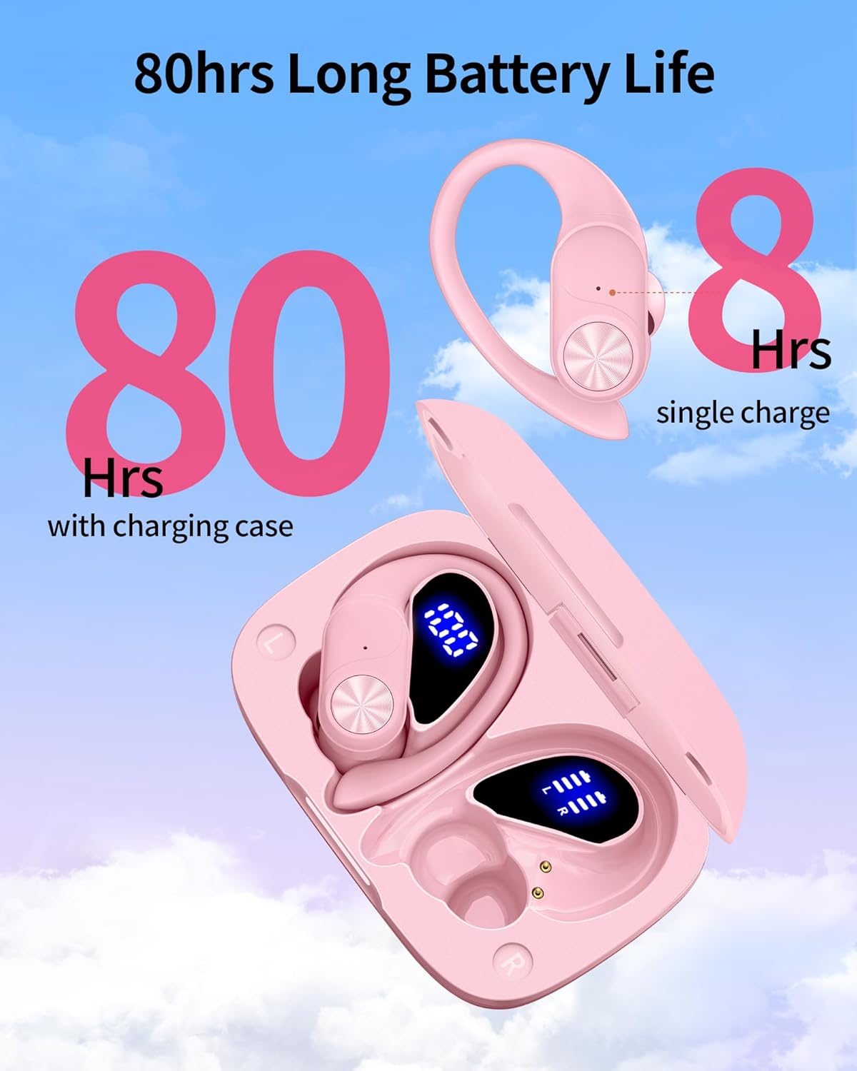 PocBuds Bluetooth Headphones Wireless Earbuds 80hrs Playtime Wireless Charging Case Digital Display Sports Ear Buds with Earhook Deep Bass IPX7 Waterproof Over-Ear Earphones for TV Phone Laptop Pink