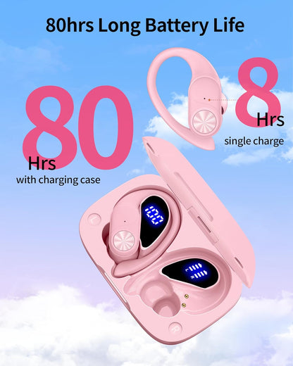 PocBuds Bluetooth Headphones Wireless Earbuds 80hrs Playtime Wireless Charging Case Digital Display Sports Ear Buds with Earhook Deep Bass IPX7 Waterproof Over-Ear Earphones for TV Phone Laptop Pink
