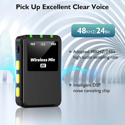 Wireless Lavalier Microphone (2 TX + 1RX + Charging Case) for DSLR Camera iPhone Android PC 656FT Range Professional Lapel Mic Wireless with 48KHZ/24Bit Clear Voice, 30Hours Vlogging