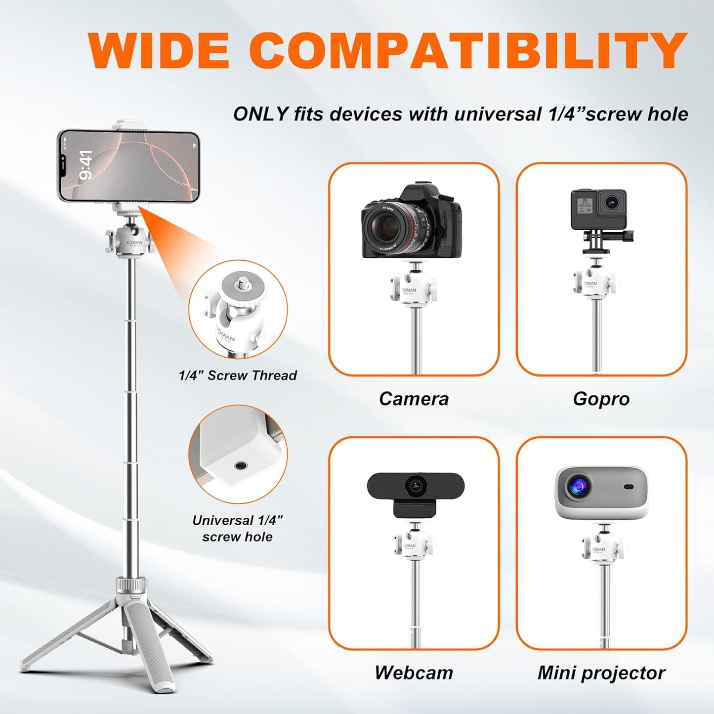 COMAN MT30-Pro Extendable Phone Tripod, 61cm Cell Phone Tripod Stand for iPhone with 360° Ball Head, Selfie Stick Vlog Stand with Remote, Tripod for iPhone 16/15/14/13/12 Pro Max/Android