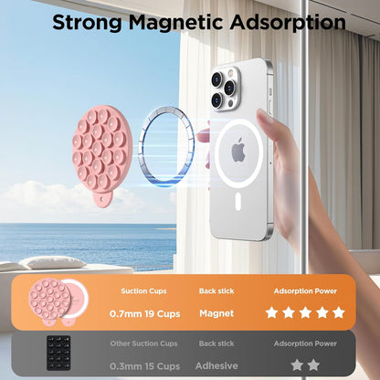 Magnetic Suction Cup Phone Mount for MagSafe Case, Silicone Hands-Free Grip Holder for iPhone and Android, Mirror Shower Phone Stand for Makeup FaceTime Gym Kitchen Bathroom, Peach Pink