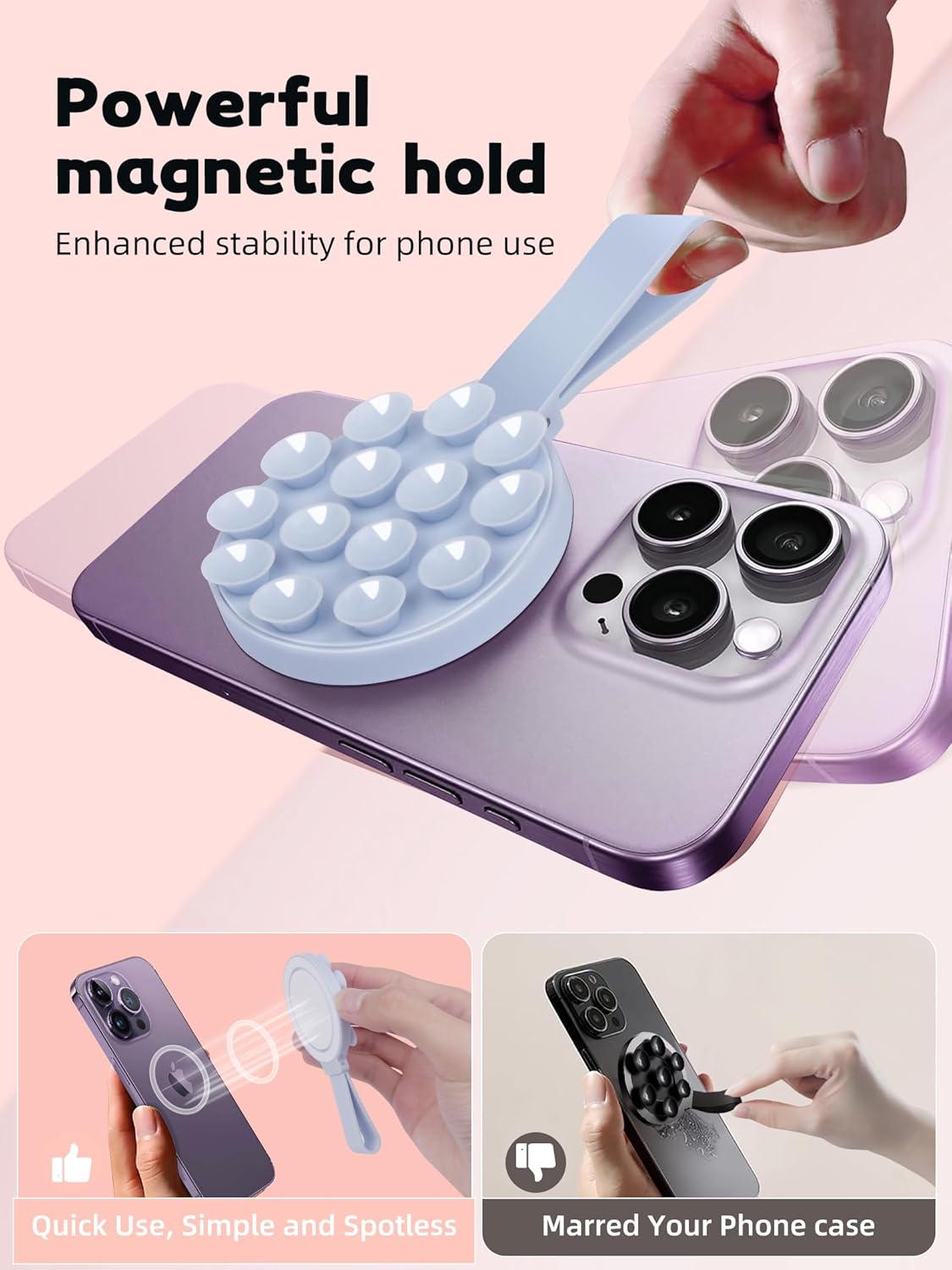 Magnetic Suction Phone Case Mount, Silicone Suction Cup Grip Stand for MagSafe Case, Hands-Free Phone Holder for iPhone 16/15/14 Pro Max, TikTok Videos, Selfies, Women Gift (Light Pink)911001A (Blue)