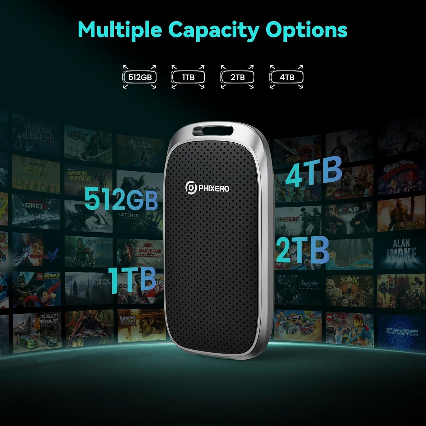 PHIXERO 512GB Portable SSD, Type-C Interface, Up to 450Gbps, Built-in mSTAT SSD for Ultra-Fast Data Transfer,Black