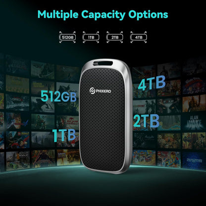 PHIXERO 512GB Portable SSD, Type-C Interface, Up to 450Gbps, Built-in mSTAT SSD for Ultra-Fast Data Transfer,Black