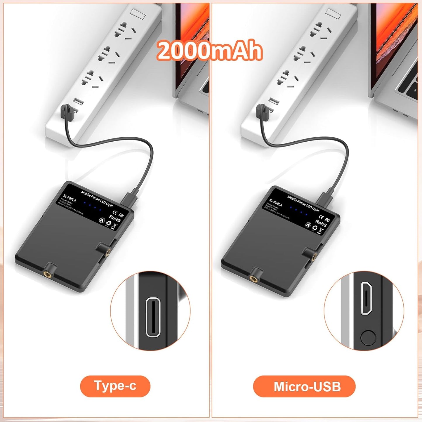 TONEOF Portable Selfie Light,Rechargable 60 LED PhoneLight with Clip & Double 1/4" Screw Hole,2500k-9000K Dimmable for iPhone,Android,Laptop,Tablet,Selfie/Video Conference