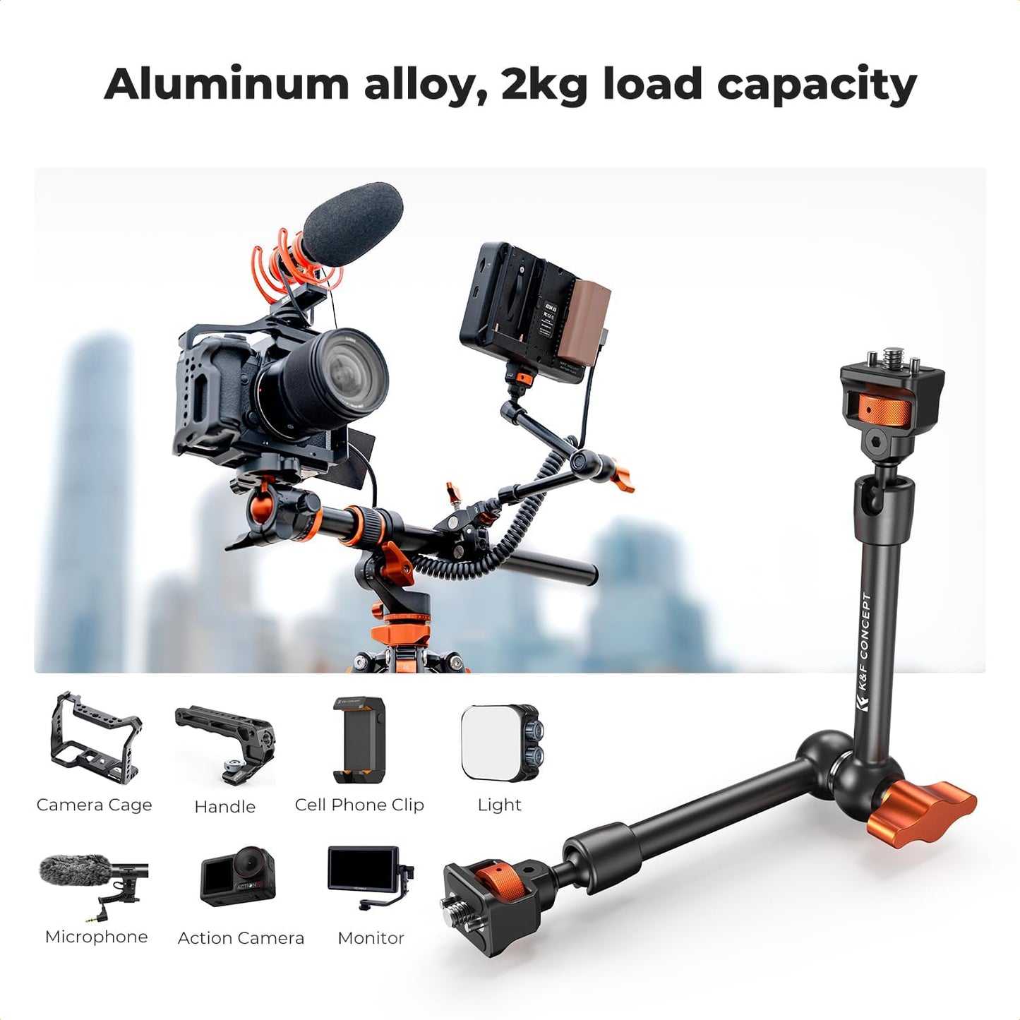 K&F Concept 11" Magic Arm Clamp Kit with 1/4" & 3/8" Thread Screw, Articulating Friction Arm Clamp Camera Mount for Monitor, LED Light, Webcam, Action Camera
