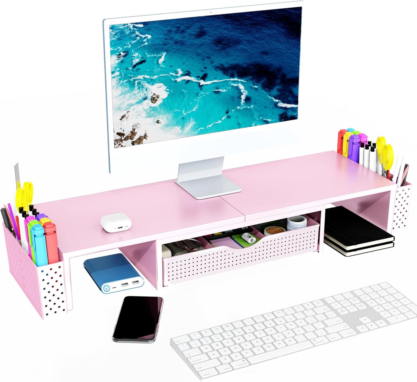Spacrea Metal Desk Organizers and Accessories, Dual Monitor Stand Riser with Drawer and 2 Pen Holders, Desk Accessories & Workspace Desktop Organizers for Office Supplies (Pink)
