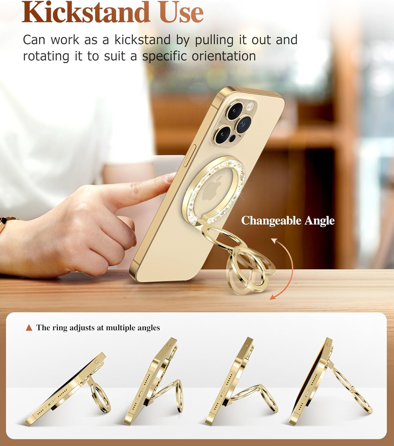 GVIEWIN Magnetic Phone Ring Holder, Compatible with MagSafe Phone Grip with Adjustable Stand, Magnet Phone Ring Kickstand for iPhone 16 Pro Max/Plus/15/14/13/12 Series/Other Phones (Glitter/Gold)