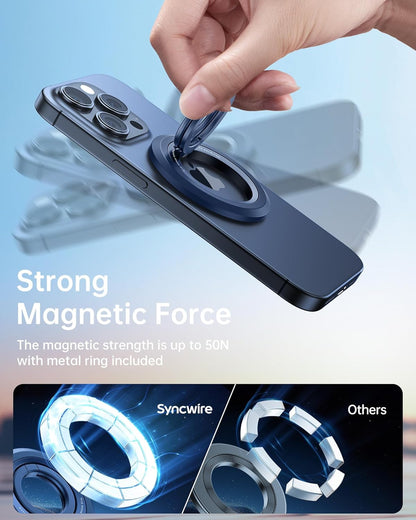 SYNCWIRE Phone Ring Holder Grip for MagSafe, 360° Rotation Magnetic Cell Phone Grip Stand Two-Sided Magnetic Compatible with iPhone 16 15 14 13 12 Pro Max fits MagSafe Accessories - Titanium Blue