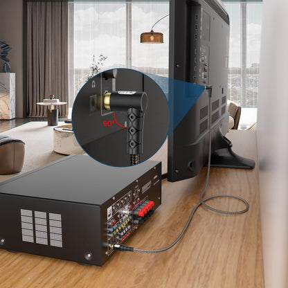 EMK 90 Degree RCA Subwoofer Cable 24K Gold-Plated Connector Nylon Braided Double Shielded – Support Digital & Analog Signals for Amplifier, Home Theater, Hi-Fi System,Subwoofer Black/25ft/8m