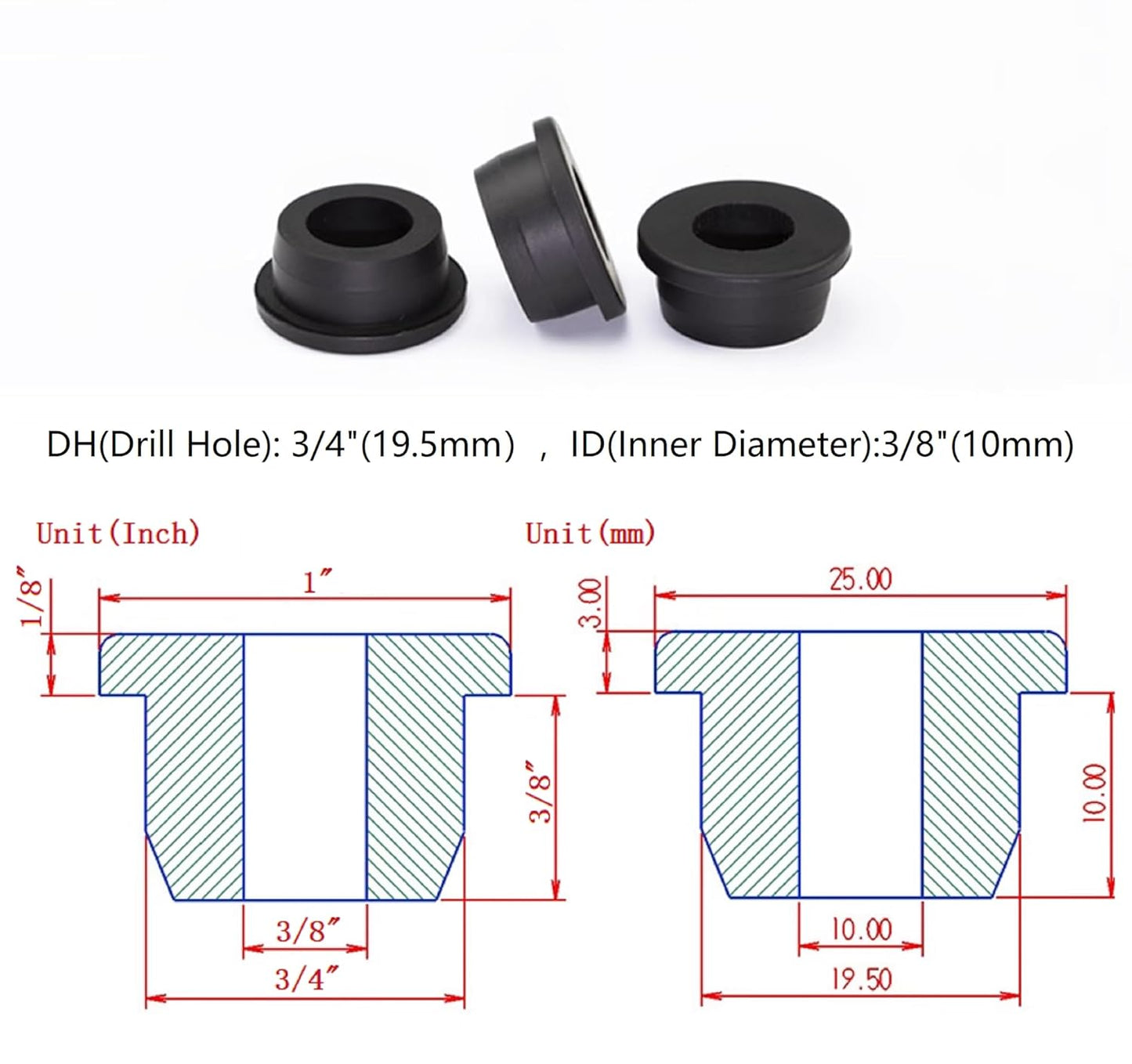 10 pcs 3/4" Drill Hole，3/8" ID Black Silicone Top hat Rubber Grommets for Wiring，Automotive，Firewall，Hole Plug，Desk，Screw，Water and Gas Pipe，Drain，House Siding，Cable Bushing，Glass，Wire Plug