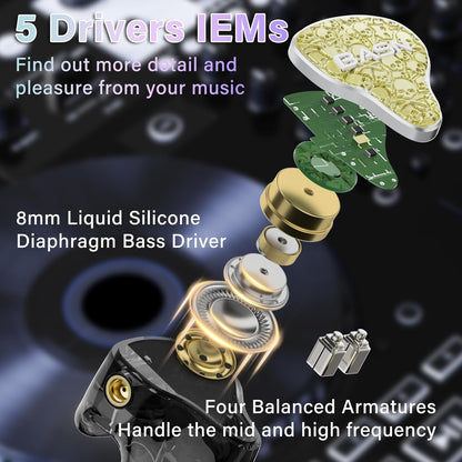 BASN Bmaster5 in Ear Monitors, 5 Drivers Drummer Headphones with Powerful Bass, Noise Isolation IEM Earbuds with Detachable MMCX Sliver-Plated OFC Cable for Musicians (Starlight Gold, MMCX)